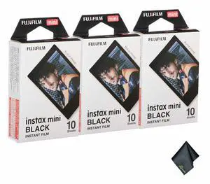 3xFUJIFILM INSTAX MINI Black Instant Film (10 Exposures), Microfiber Cleaning Cloth, Bundle