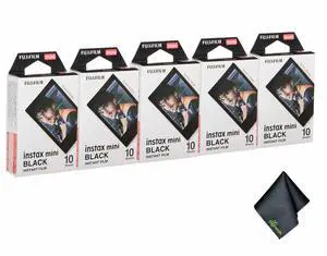 5xFUJIFILM INSTAX MINI Black Instant Film (10 Exposures), Microfiber Cleaning Cloth, Bundle