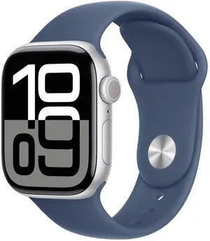 Apple Watch Series 10 [GPS 42mm case] Smartwatch with Silver Aluminium Case with Denim Sport Band - M/L. Fitness Tracker, ECG App, Always-On Retina Display, Water Resistant