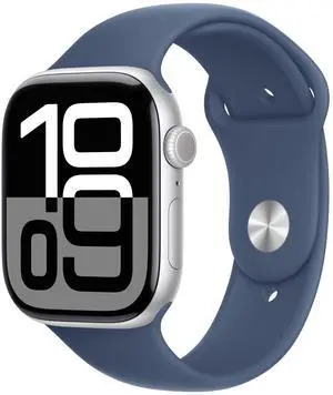 Apple Watch Series 10 [GPS 46mm case] Smartwatch with Silver Aluminium Case with Denim Sport Band - S/M. Fitness Tracker, ECG App, Always-On Retina Display, Water Resistant