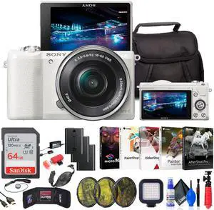 Sony Alpha a5100 Mirrorless Digital Camera (White) with 16-50mm Lens + 64GB Card + More