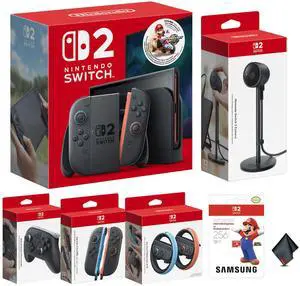 Nintendo Switch 2 Console Bundle with Mario Kart World Game + Joy-Con 2 (L)/(R) Light Blue/Light Red + Pro Controller + Joy-Con 2 Wheel (set of 2) + Switch 2 Camera + More