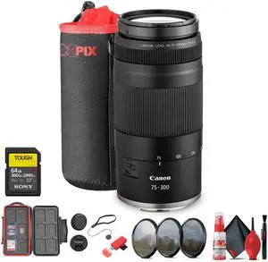 Canon RF 75-300mm F4-5.6 Lens + 58mm 3 PC Filter Kit + Large Lens Case + More (Bundle)