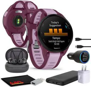 Garmin Forerunner 165 Music GPS Running Smart watch Bundle - Berry/Lilac