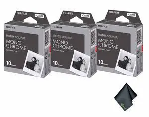 3xFUJIFILM INSTAX SQUARE Monochrome Instant Film (10 Exposures), Microfiber Cleaning Cloth, Bundle