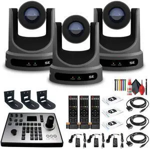 3 x PTZOptics Move SE PTZ Camera with 30x Optical Zoom (PT30X-SE-GY-G3) + PT-JOY-G4 Controller + 3 x Wall Mount