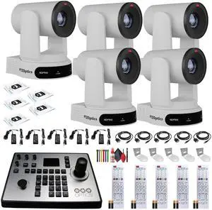 5 x PTZOptics Move 4K PTZ Camera with 30x Zoom (White) (PT30X-4K-WH-G3) + PT-JOY-G4 Controller + 5 x Wall Mount