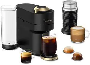 Nespresso Festive Vertuo Pop+ Deluxe Coffee and Espresso Maker by Breville with Milk Frother, Matte Black Gold