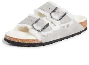 Birkenstock Women's Arizona Shearling Sandals, Stone Coin/Natural, Grey, 9 Narrow US