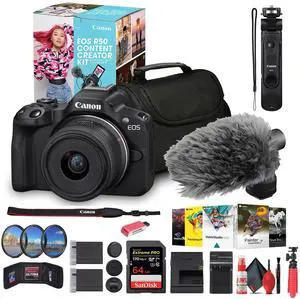 Canon EOS R50 Mirrorless Camera with 18-45mm Lens Creator Kit (Black) + 64GB Card + Bag + More