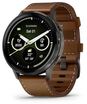 Garmin Venu® 4, 45mm, Advanced Health and Fitness GPS Smartwatch, Bright and Colorful Display, Built-in Flashlight, 12 Days of Battery Life, Slate with Black Silicone Band/Brown Leather Band