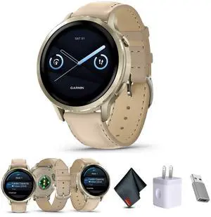 Garmin Venu 4, 41mm, Advanced Health and Fitness GPS Smartwatch, Bright and Colorful Display, Built-in Flashlight, 10 Days of Battery Life, Lunar Gold with Light Sand Leather Band