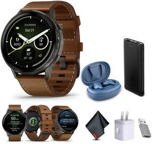 Garmin Venu 4, 45mm, Advanced Health and Fitness GPS Smartwatch, Bright and Colorful Display, Built-in Flashlight, 12 Days of Battery Life, Slate with Brown Leather Band
