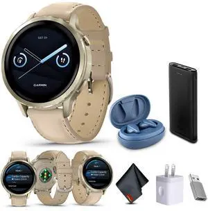 Garmin Venu 4, 41mm, Advanced Health and Fitness GPS Smartwatch, Bright and Colorful Display, Built-in Flashlight, 10 Days of Battery Life, Lunar Gold with Light Sand Leather Band