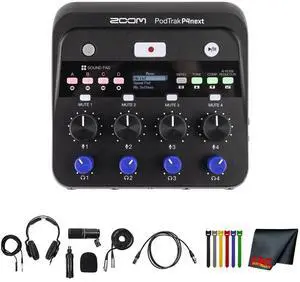 Zoom PodTrak P4next Podcast Recorder, Battery Powered, 4 Microphone Inputs, 4 Headphone Outputs, AI Noise Reduction, Tone & COMP Effects, Phone Input, Sound Pads, Record to SD, Audio Interface Mode
