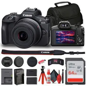 Canon EOS R100 Mirrorless Camera with 18-45mm Lens + Bag + 64GB Card + LPE17 Battery + More