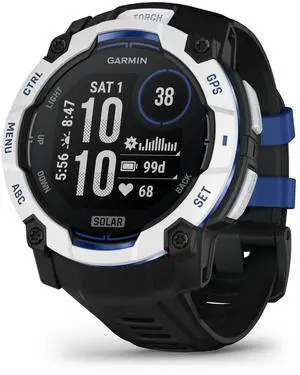 Garmin Instinct® 3 - 50 mm, Solar, Rugged Outdoor GPS Smartwatch, Built-in Flashlight, Supernova Collection Limited Edition Color, Whitestone with Black/Bolt Blue Silicone Band