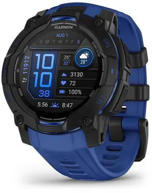 Garmin Instinct® 3 - 45 mm, AMOLED Display, Rugged Outdoor GPS Smartwatch, Built-in Flashlight, Supernova Collection Limited Edition Color, Black with Bolt Blue/Black Silicone Band