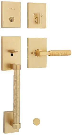 Kwikset Prava Front Door Lock Handle and Deadbolt Set, Entry Handleset Exterior with Interior Reversible Lever, Satin Brass, Pick Resistant SmartKey Rekey Deadbolt Security, with Microban Protection Kwikset Prava Front Door Lock Handle and Deadbolt Set, Entry Handleset Exterior with Interior Reversible Lever, Satin Brass, Pick Resistant SmartKey Rekey Deadbolt Security, with Microban Protection