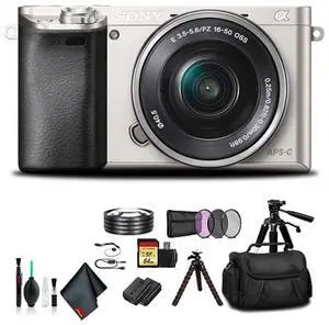 Sony Alpha a6000 Mirrorless Camera with 16-50mm Lens Silver With Soft Bag, Tripod, Additional Battery, 64GB Memory Card, Card Reader , Plus Essential Accessories Sony Alpha a6000 Mirrorless Camera with 16-50mm Lens Silver With Soft Bag, Tripod, Additional Battery, 64GB Memory Card, Card Reader , Plus Essential Accessories