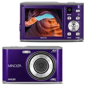 Minolta 48MP Digital Camera with Rear Selfie Lens - 4K Ultra HD Video, 2.8" LCD Screen, 16X Digital Zoom, Autofocus, Slow Motion, Time Lapse, Filters, Scene Modes, 32GB Card Included (Purple) Minolta 48MP Digital Camera with Rear Selfie Lens - 4K Ultra HD Video, 2.8" LCD Screen, 16X Digital Zoom, Autofocus, Slow Motion, Time Lapse, Filters, Scene Modes, 32GB Card Included (Purple)