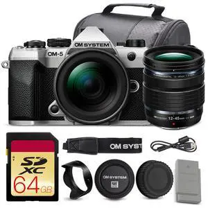 OM SYSTEM OM-5 Mark II Mirrorless Camera with 12-45mm f/4 PRO Lens Bundle + 64GB Card + Battery OM SYSTEM OM-5 Mark II Mirrorless Camera with 12-45mm f/4 PRO Lens Bundle + 64GB Card + Battery