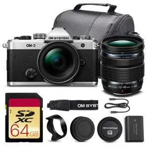 OM SYSTEM OM-3 Mirrorless Camera with 12-45mm f/4 PRO Lens Bundle + 64GB Card + Bag OM SYSTEM OM-3 Mirrorless Camera with 12-45mm f/4 PRO Lens Bundle + 64GB Card + Bag