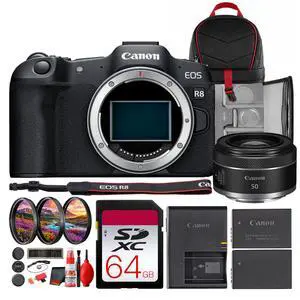 Canon EOS R8 Mirrorless Camera with Cropping Guide Firmware + RF 50mm Bundle Canon EOS R8 Mirrorless Camera with Cropping Guide Firmware + RF 50mm Bundle