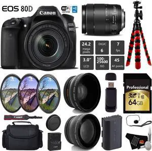 Canon EOS 80D DSLR Camera with 18-135mm is STM Lens + UV FLD CPL Filter Kit + Wide Angle & Telephoto Lens + Camera Case + Tripod + Card Reader - Intl Model