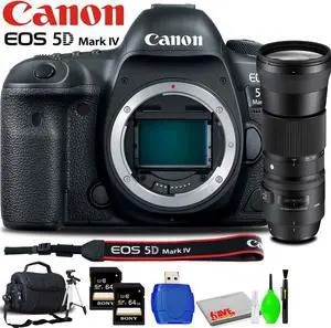 Canon EOS 5D Mark IV DSLR Camera (Body Only) Accessory Bundle with Sigma 150-600mm f/5-6.3 Lens, Memory Card Kit, Carrying Case, Tripod, LCD Screen Protector and Cleaning Kit