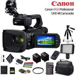 Canon XA55 Professional UHD 4K Camcorder W/ Extra Battery, Soft Padded Bag, 64GB Memory Card, LED Light, UV Filter, Tripod And More Starter Bundle
