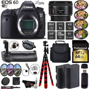Canon EOS 6D DSLR Camera with 50mm f/1.8 STM Lens + Professional Battery Grip + 4PC Macro Filter Kit + LED Kit + Extra Battery + Case + Wrist Strap + Tripod + Card Reader - Intl Model