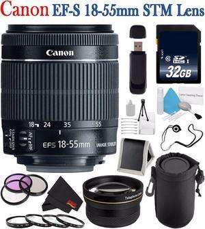 Canon EF-S 18-55mm f/3.5-5.6 IS STM Lens 8114B002 + 58mm 3 Piece Filter Kit + SD Card USB Reader + 32GB SDHC Class 10 Memory Card + Deluxe Lens Pouch + 58mm 2x Telephoto Lens Bundle