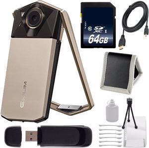 Casio Exilim EX-TR70 Selfie Digital Camera (Gold) (International Version)  + Micro HDMI Cable + SD Card USB Reader + Memory Card Wallet + 64GB SDXC Class 10 Memory Card Bundle