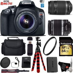 Canon EOS Rebel T6 DSLR Camera with 18-55mm IS Lens & 55-250mm IS II Lens + Flexible Tripod + Professional Case + UV Protection Filter + Card Reader + Bundle (Intl Model)