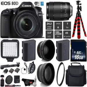 Canon EOS 80D DSLR Camera with 18-135mm is STM Lens + Tripod + LED + UV FLD CPL Filter Kit + Wide Angle & Telephoto Lens + Camera Case + Card Reader - Intl Model