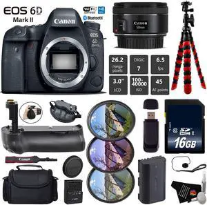 Canon EOS 6D Mark II DSLR Camera with 50mm f/1.8 STM Lens + Tripod + Professional Battery Grip + UV FLD CPL Filter Kit + Case + Wrist Strap + Card Reader - Intl Model