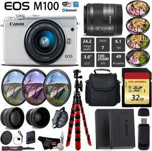 Canon EOS M100 Mirrorless Digital Camera (White) with 15-45mm Lens + UV FLD CPL Filter Kit + 4 PC Macro Kit + Wide Angle & Telephoto Lens + Camera Case + Tripod + Card Reader - International Version