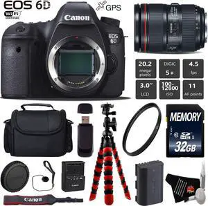 Canon EOS 6D DSLR Camera with 24-105mm f/4L II Lens + Wrist Strap + Wireless Remote + UV Protection Filter + Case + Tripod + Card Reader - Intl Model