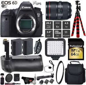 Canon EOS 6D DSLR Camera with 24-105mm f/4L II Lens + Professional Battery Grip + UV Protection Filter + LED Kit + Extra Battery + Case + Wrist Strap + Tripod + Card Reader - Intl Model