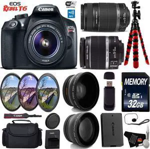 Canon EOS Rebel T6 DSLR Camera with 18-55mm IS Lens & 55-250mm IS II Lens + UV FLD CPL Filter Kit + Tripod + Wide Angle & Telephoto Lens + Camera Case + Card Reader + Bundle (Intl Model)