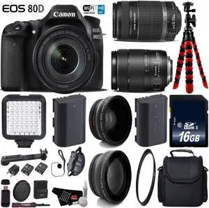 Canon EOS 80D DSLR Camera with 18-135mm is STM Lens & 55-250mm is II Lens + LED + UV FLD CPL Filter Kit + Wide Angle & Telephoto Lens + Camera Case + Tripod + Card Reader - Intl Model