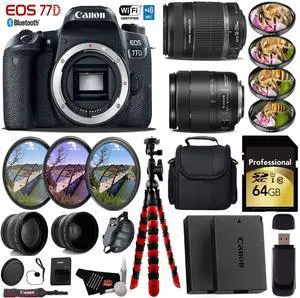 Canon EOS 77D DSLR Camera & 18-135mm is STM Lens & 55-250mm is II Lens + Tripod + UV FLD CPL Filter Kit + 4 PC Macro Kit + Wide Angle & Telephoto Lens + Case + Card Reader - Intl Model