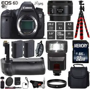 Canon EOS 6D DSLR Camera with 50mm f/1.8 STM Lens + Wrist Strap + Professional Battery Grip + UV Protection Filter + Flash + Extra Battery + Case + Tripod + Card Reader - Intl Model