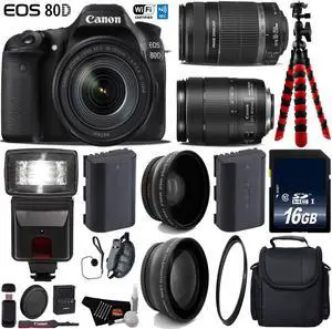 Canon EOS 80D DSLR Camera with 18-135mm is STM Lens & 55-250mm is II Lens + Flash + UV FLD CPL Filter Kit + Wide Angle & Telephoto Lens + Case + Tripod + Card Reader - Intl Model