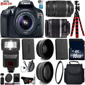 Canon EOS Rebel T6 DSLR Camera with 18-55mm IS Lens & 55-250mm IS II Lens + Flash + UV FLD CPL Filter Kit + Wide Angle & Telephoto Lens + Camera Case + Tripod + Card Reader + Bundle (Intl Model)