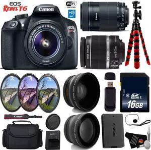 Canon EOS Rebel T6 DSLR Camera with 18-55mm IS Lens & 55-250mm IS STM Lens + UV FLD CPL Filter Kit + Wide Angle & Telephoto Lens + Camera Case + Tripod + Card Reader + Bundle (Intl Model)