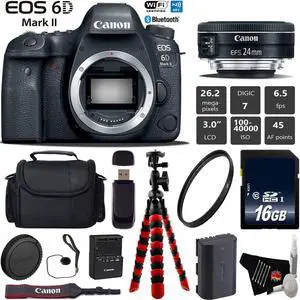 Canon EOS 6D Mark II DSLR Camera with 24mm f/2.8 STM Lens + Tripod + Wireless Remote + UV Protection Filter + Case + Wrist Strap + Card Reader - Intl Model