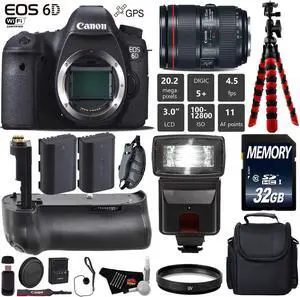 Canon EOS 6D DSLR Camera with 24-105mm f/4L II Lens + Professional Battery Grip + Wrist Strap + UV Protection Filter + Flash + Extra Battery + Case + Tripod + Card Reader - Intl Model