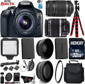 Canon EOS Rebel T6 DSLR Camera with 18-55mm IS Lens & 55-250mm IS II Lens + LED + Camera Case + UV FLD CPL Filter Kit + Wide Angle & Telephoto Lens + Tripod + Card Reader + Bundle (Intl Model)
